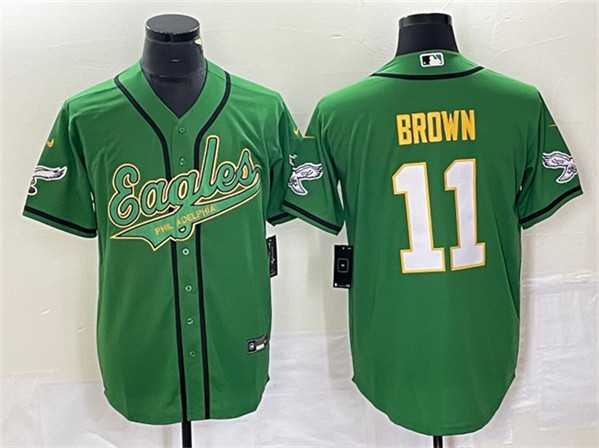 Men's Philadelphia Eagles #11 A. J. Brown Green Gold Cool Base Baseball Stitched Jersey,We sell and wholesale Men's Philadelphia Eagles #11 A. J. Brown Green Gold Cool Base Baseball Stitched Jersey on line form chian!